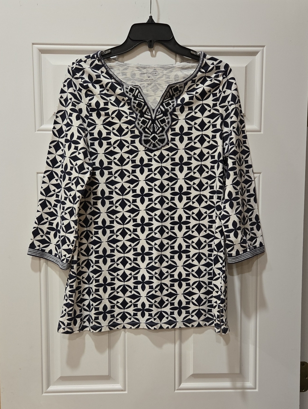 3/12$ Charter Club Women's Navy and White Geometric Tunic Top